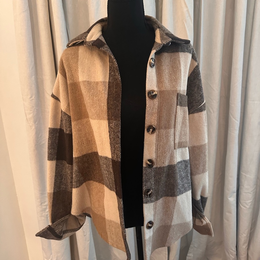 Plaid Button-Up Shacket in Beige and Brown